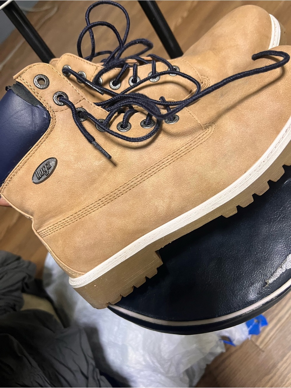 Men's Tan Work-Style Boots with Navy Accents